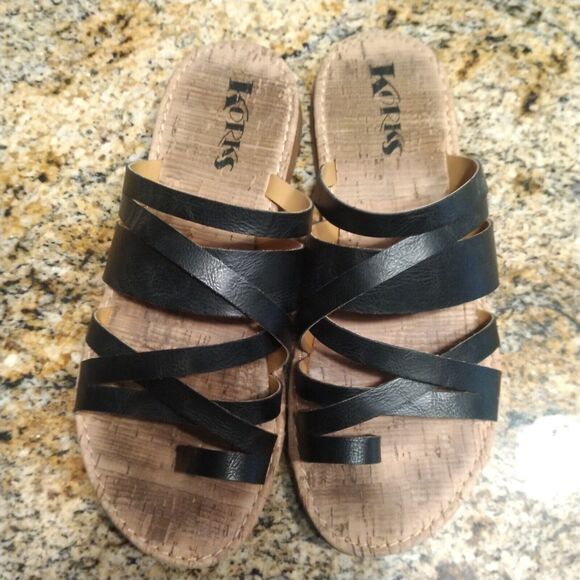Korks Clemmons Strappy Slides Sandals Black Leather Cork Footbed Women's 8.5M - Picture 11 of 12